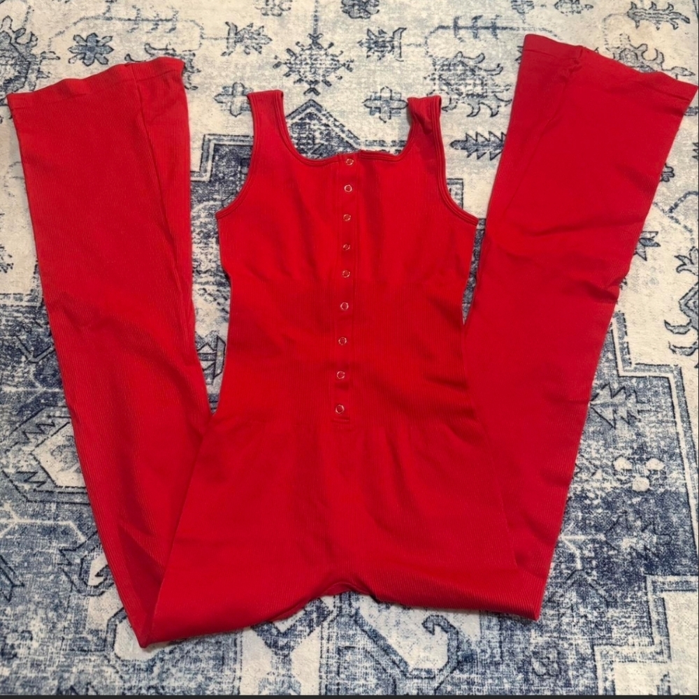 Vibrant Red Long Sleeve Jumpsuit with Square Neckline